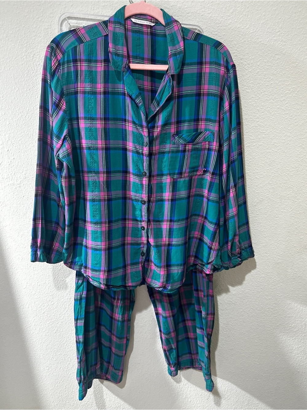 Victoria's Secret Teal & Pink Plaid Pajama Set - large